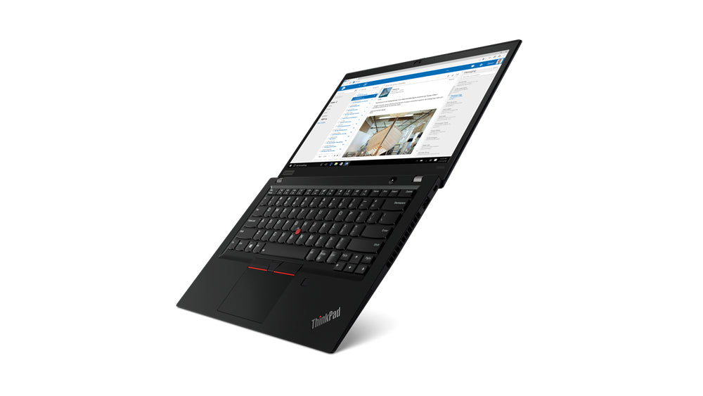 Notebook ThinkPad T490s aperto con tastiera ergonomica e schermo inclinato. Design compatto e prestazioni elevate. Notebook ThinkPad T490s aperto con tastiera ergonomica e schermo inclinato. Design compatto e prestazioni elevate.